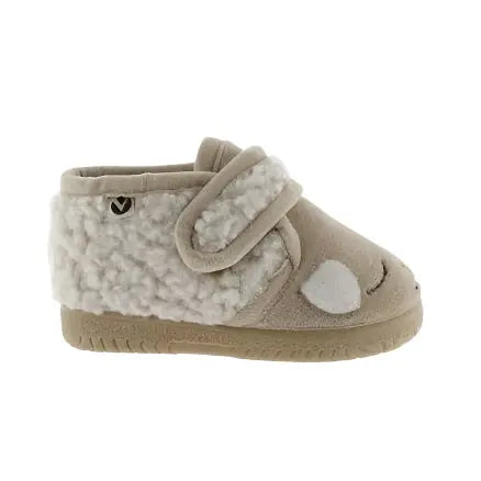 Victoria Ojala Animals Slippers Beige with fluffy white lining and Velcro strap, toddler footwear