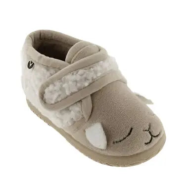 Victoria Ojala Animals Slippers Beige, cozy beige baby slippers with plush fleece straps fastened by Velcro and a sheep face