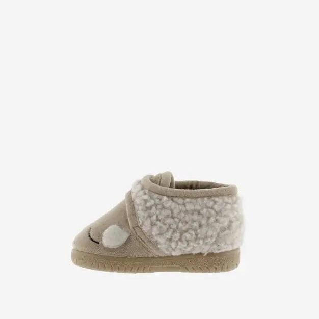 Victoria Ojala Animals Slippers Beige with plush fleece lining, a cozy baby shoe shown resting upright.