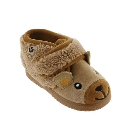 Victoria Ojala Animals Slippers Camel; beige plush kid's slipper with Velcro strap and camel face.