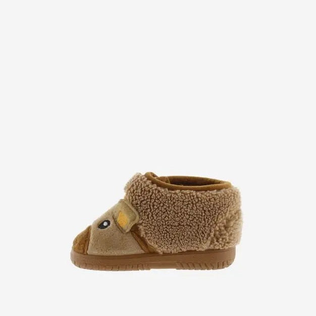 Victoria Ojala Animals Slippers Camel for kids: tan plush bootie with camel-face detail and fluffy cuff.