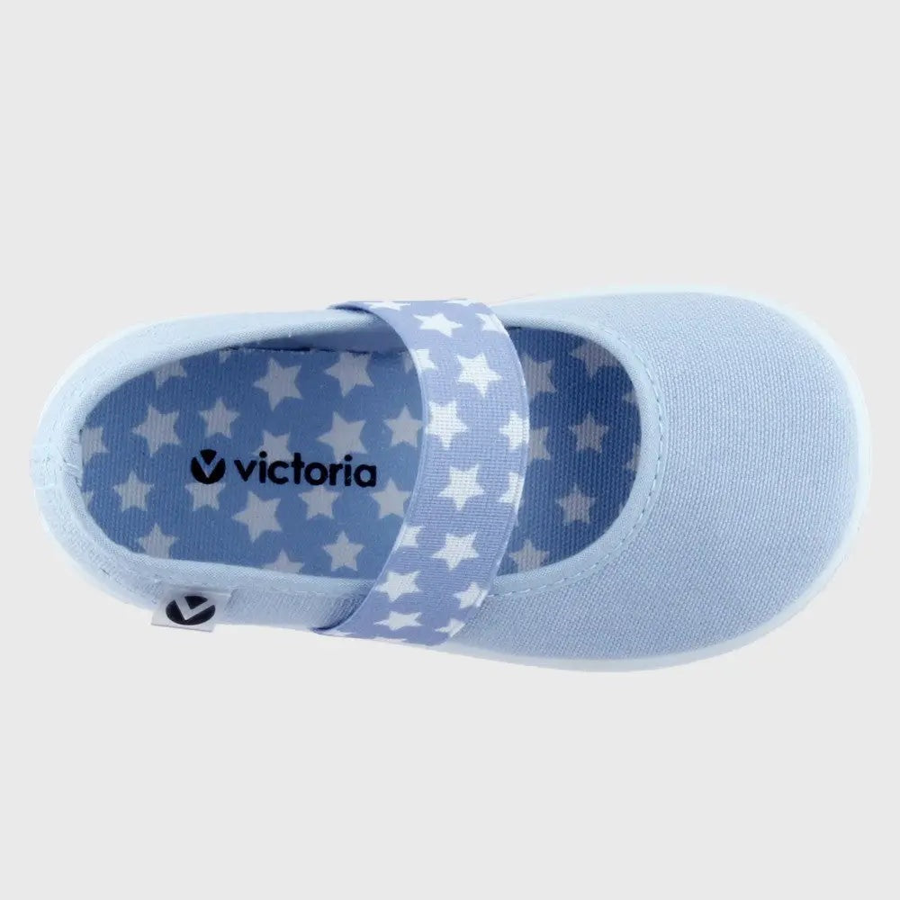 Victoria Ojala Bailarina Lona light-blue canvas baby shoe with star-pattern lining and a Velcro strap fastened acrossolen