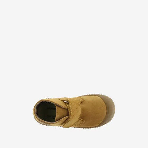Victoria Shoes 1915 safari plimsoll for babies in mustard split leather, Velcro straps secured.