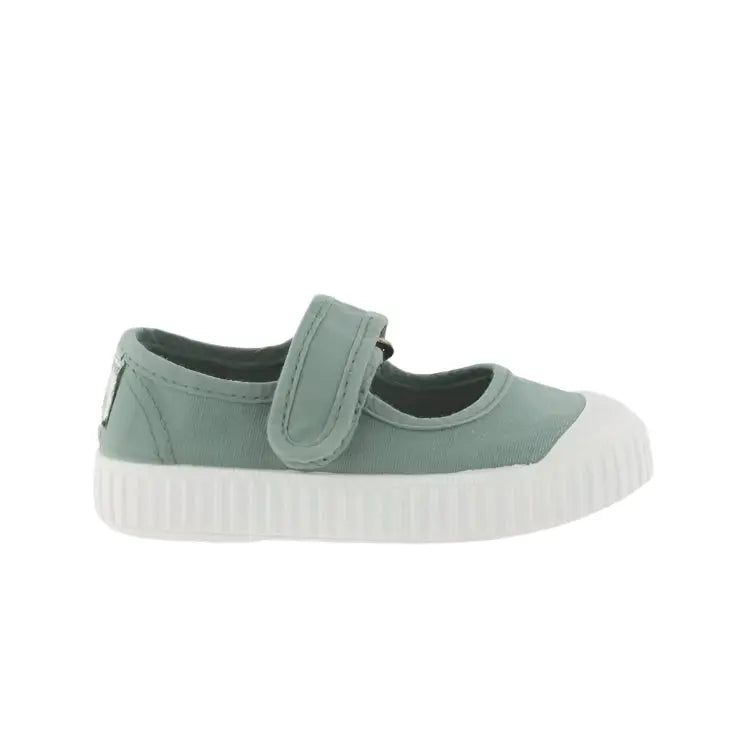 Victoria Shoes Bar Dyed Canvas Jade toddler shoe with Velcro strap fastened and white sole
