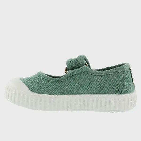 Victoria Shoes Bar Dyed Canvas Jade toddler sneaker side view, showing green canvas, white toe cap, and white sole