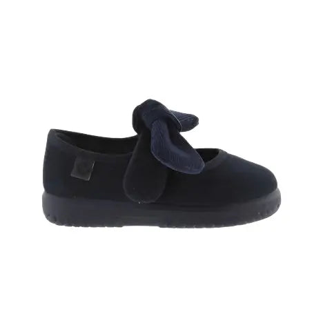 Victoria Shoes Ojala Suede Imitation Mary Jane baby shoe in navy with a corduroy bow perched on the strap