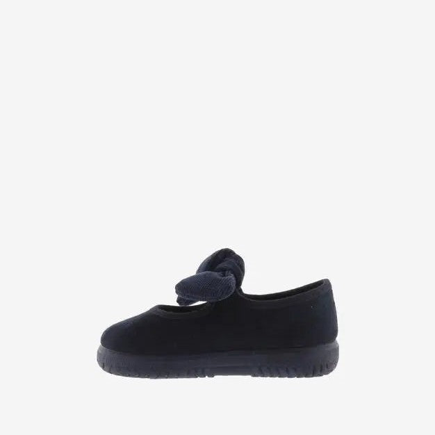 Victoria Shoes Ojala Suede Imitation Mary Jane in navy with a corduroy bow.