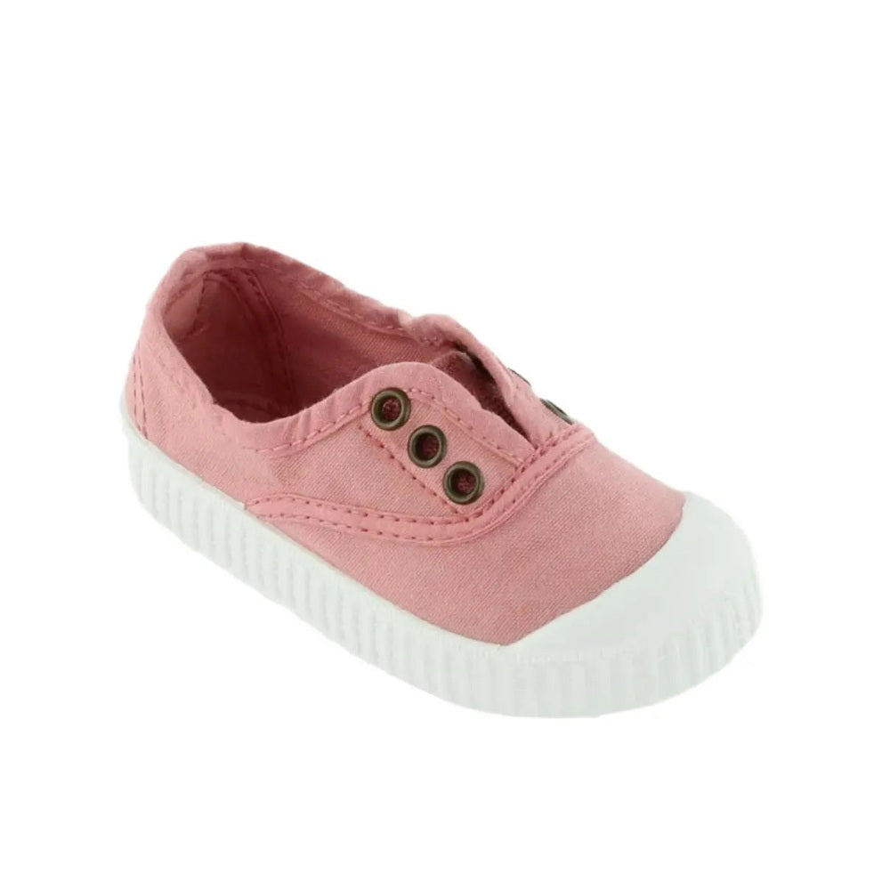 VICTORIA canvas sneakers in pink fabric with white rubber toe cap, toddler shoes shown alone.