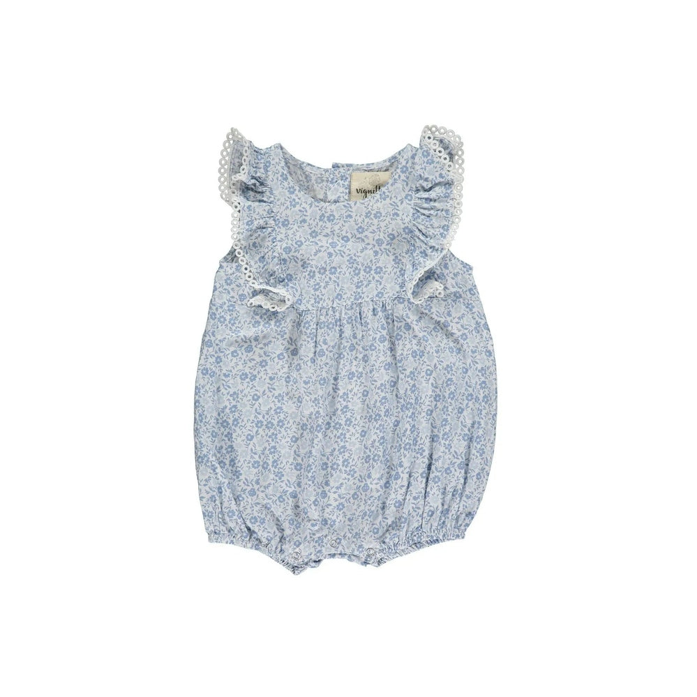 Vignette Poppy Bubble romper in blue ditsy floral with lace-trimmed ruffle sleeves and elastic cuffs