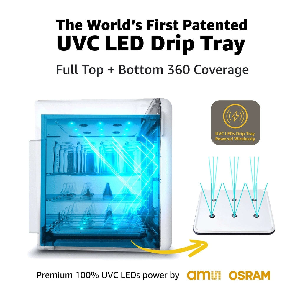 Wabibaby UVC LED Sanitizer & Dryer 360 baby bottle sterilizer, white with blue UV light
