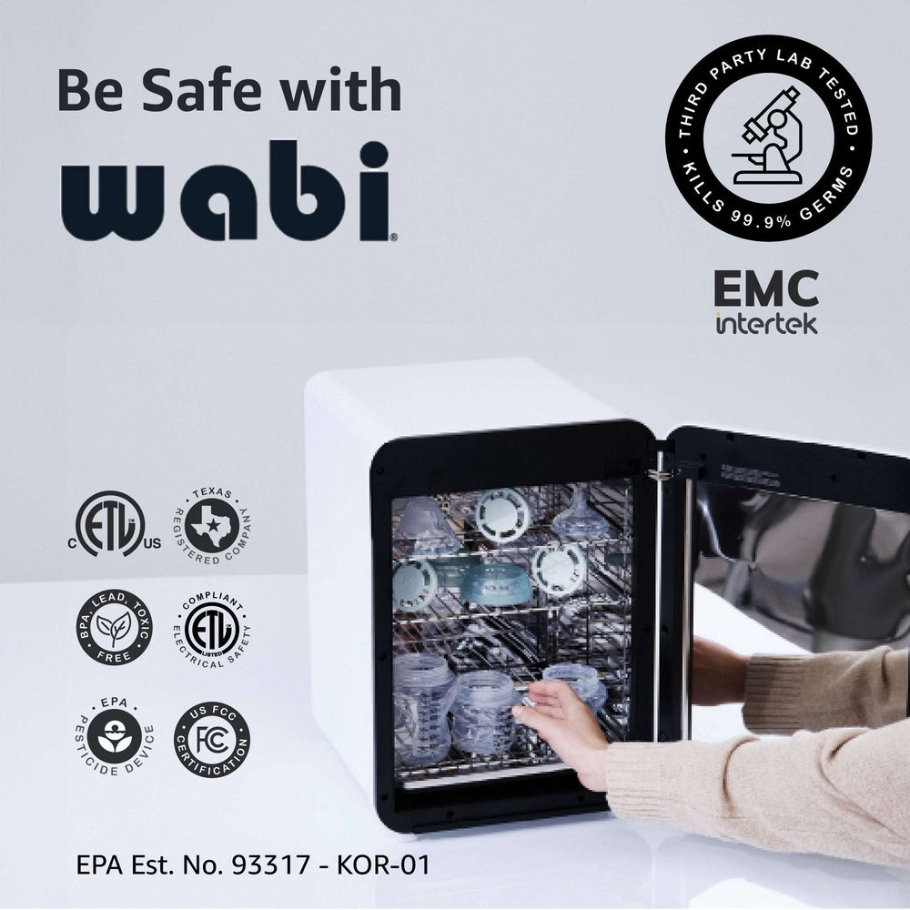 Wabi Baby UVC LED Sanitizer & Dryer 360, white unit with black door and bottle rack with multiple bottles