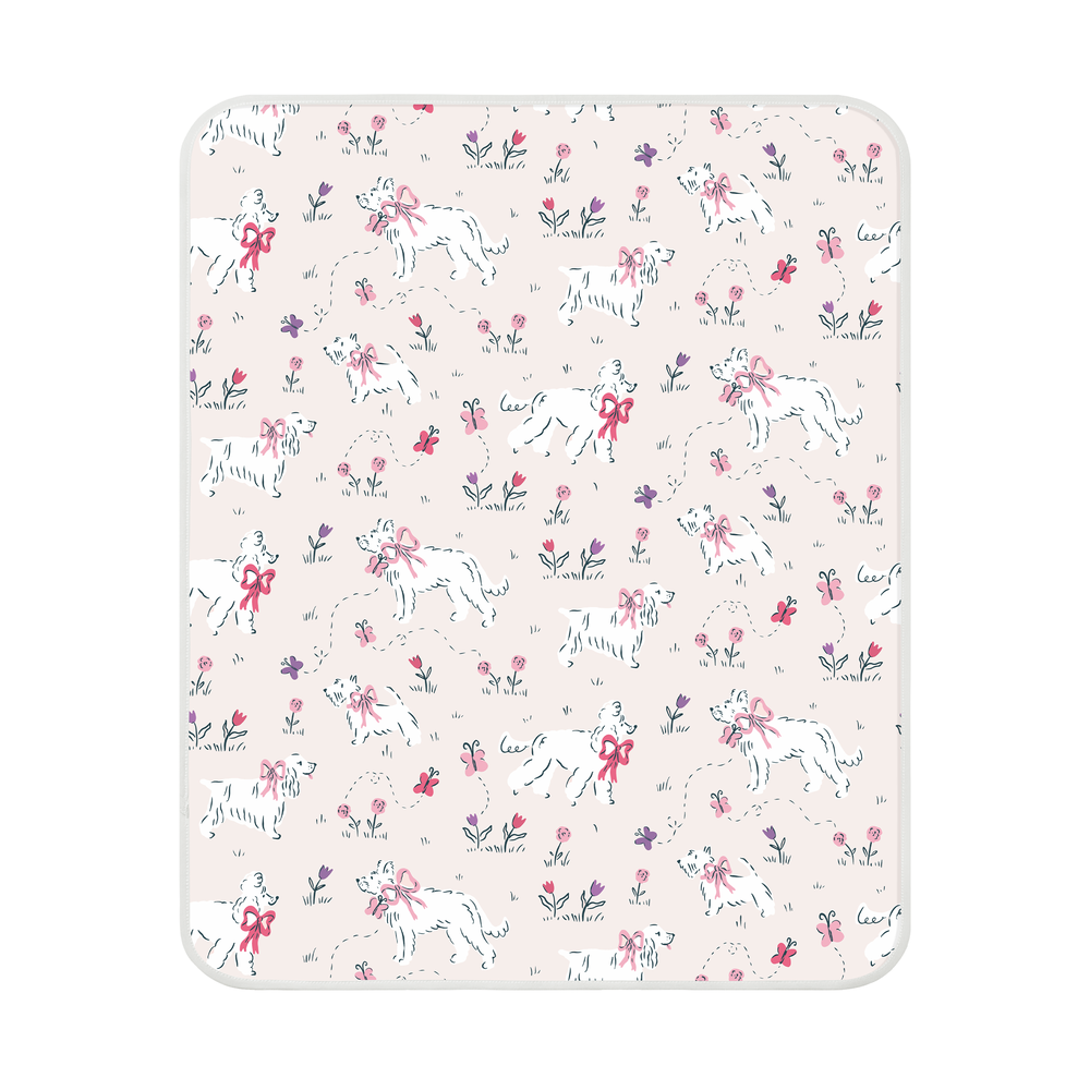 NEST DESIGNS Nest Designs Waterproof Change Pad Small Cheeky Capers illustrated dogs with pink bows, flowers and butterflies print img 1/8