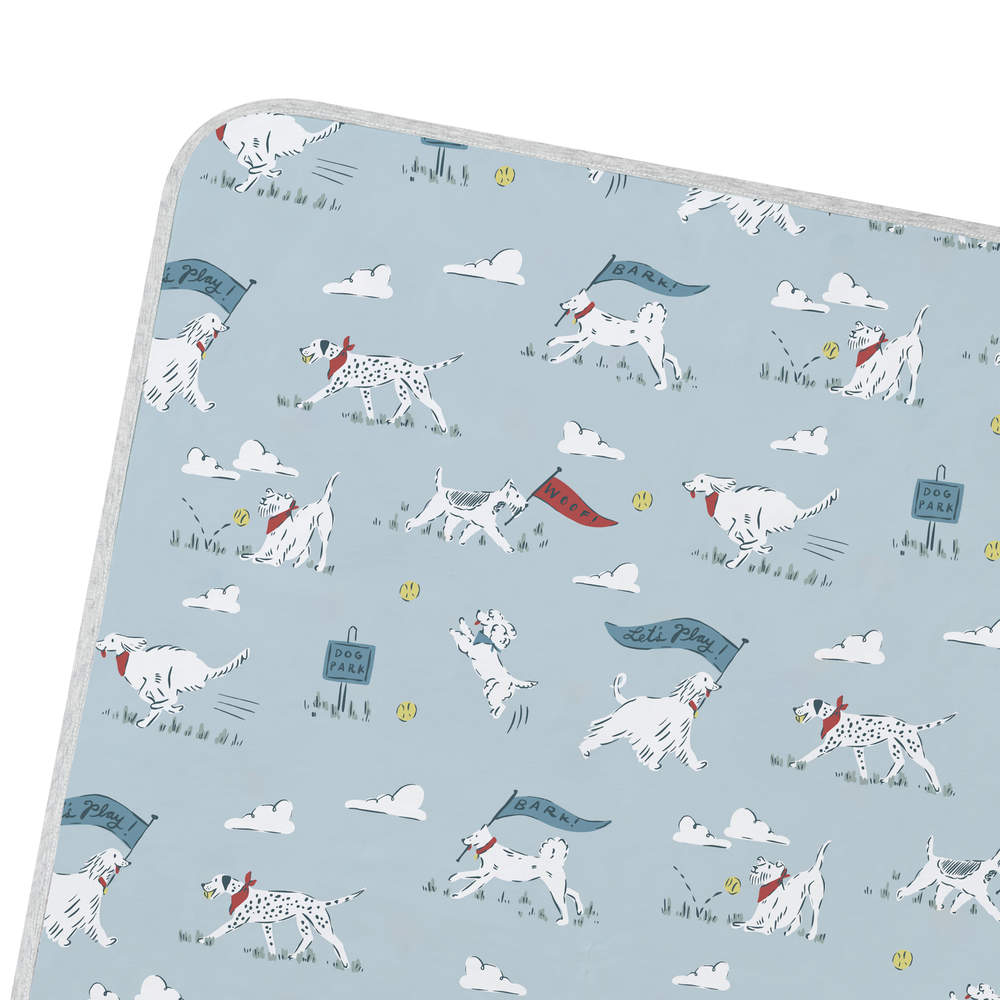 NEST DESIGNS Nest Designs Waterproof Change Pad Small Summer Days Dog park pattern with breeds, signs, tennis balls, gray piped img 8/9
