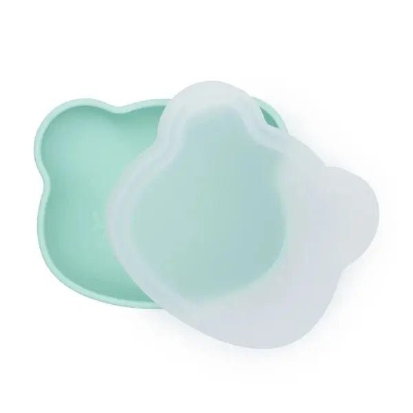 We Might Be Tiny Bear Stickie Bowl, mint silicone baby feeding bowl with lid, shown open to reveal roomy interior.