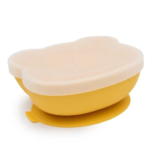 We Might Be Tiny Bear Stickie Bowl with lid, yellow silicone baby feeding bowl shown with a white snap-on lid.
