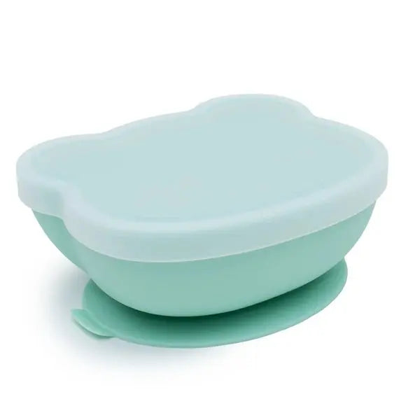We Might Be Tiny Bear Stickie Bowl mint green with lid, shown on a matching suction base for steady feeding.