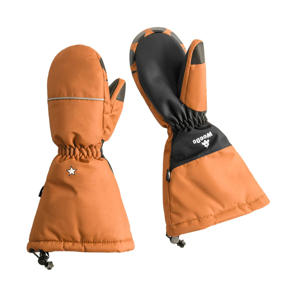 Weedo Foxdo Brown Gloves showcase orange shell, black grip palms, elastic cuffs and drawstrings.