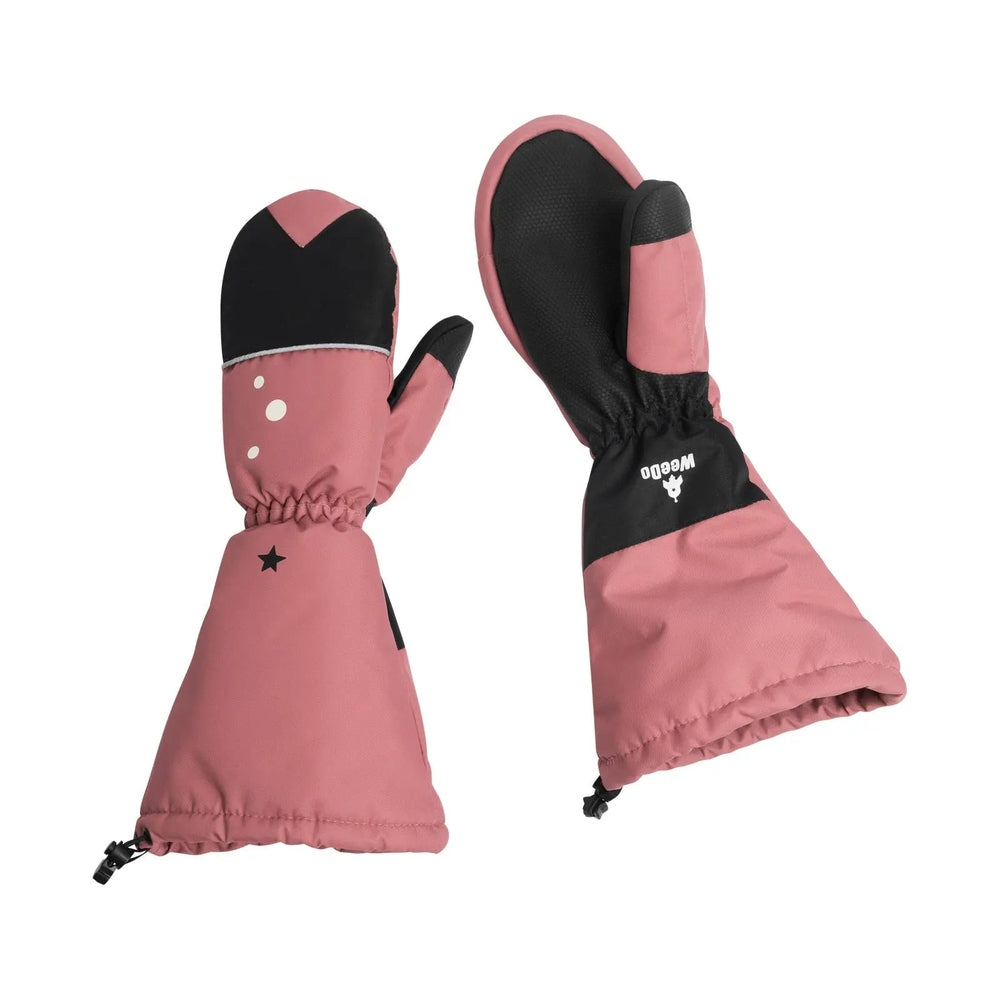 Weedo Ohdeer Deer Mittens for babies in pink with black palms, elastic cuffs and drawcord, WEEDO.