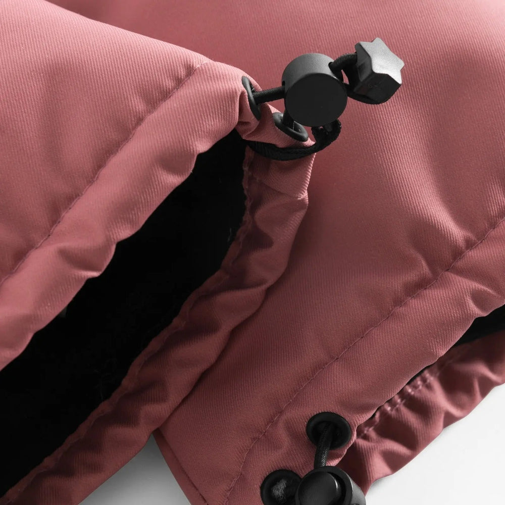 Weedo Ohdeer Deer Mittens in pink, fleece-lined, shown with adjustable drawstring toggle tightening the cuff.