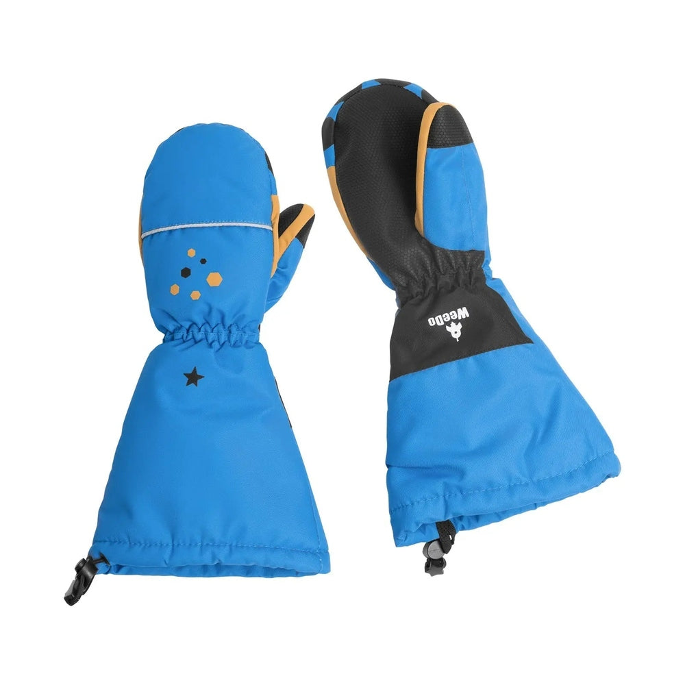 Weedo Omondo Monster Mittens; blue waterproof kids' mittens with black lining and yellow trim, displayed for snowy play