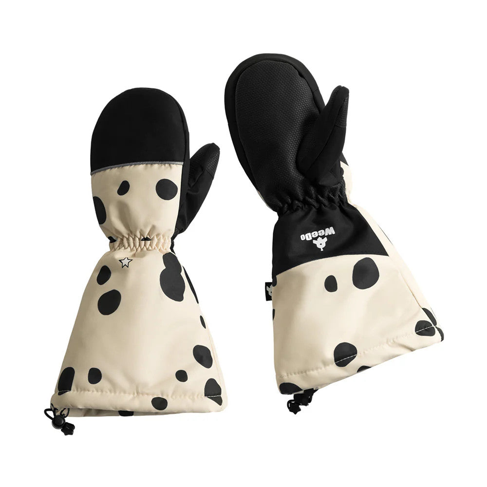 Weedo Puppydo Gloves for kids, beige polka-dot mittens with black palms and elastic cuffs.