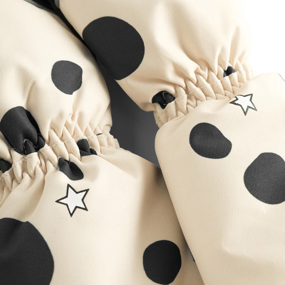 Weedo Puppydo Gloves in beige with black polka dots and stars, two pairs shown with elastic cuffs gathered.