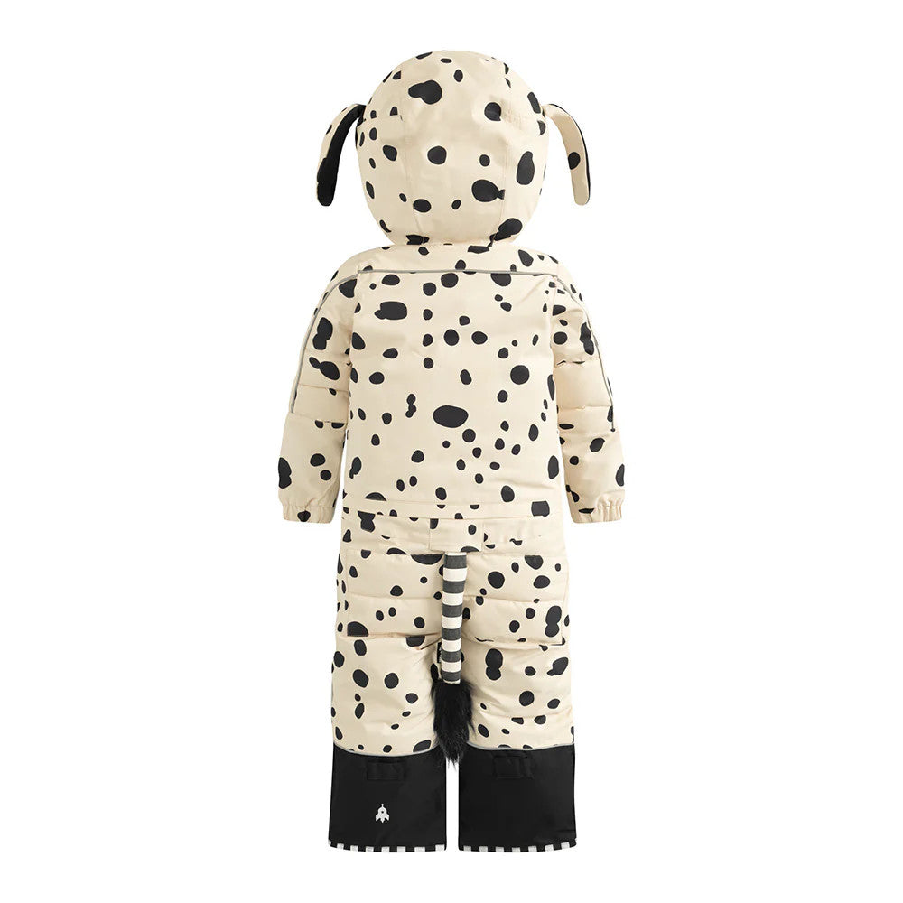 WEEDO Puppydo Snowsuit in beige Dalmatian print with ear hood; back view shows spotted pattern, striped tail, and black cuffs.