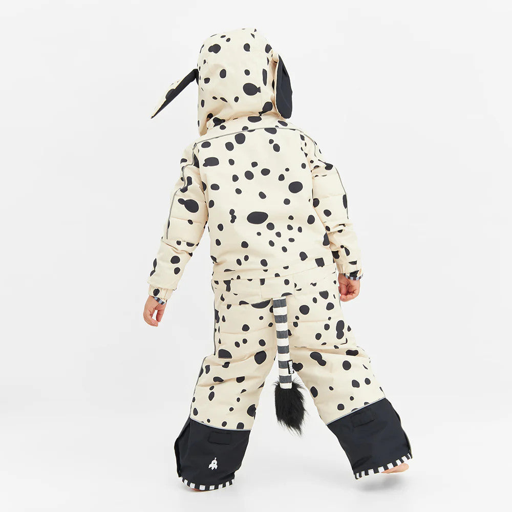 Weedo Puppydo Snowsuit for babies in beige with black polka dots; hooded with striped tail as toddler strides.