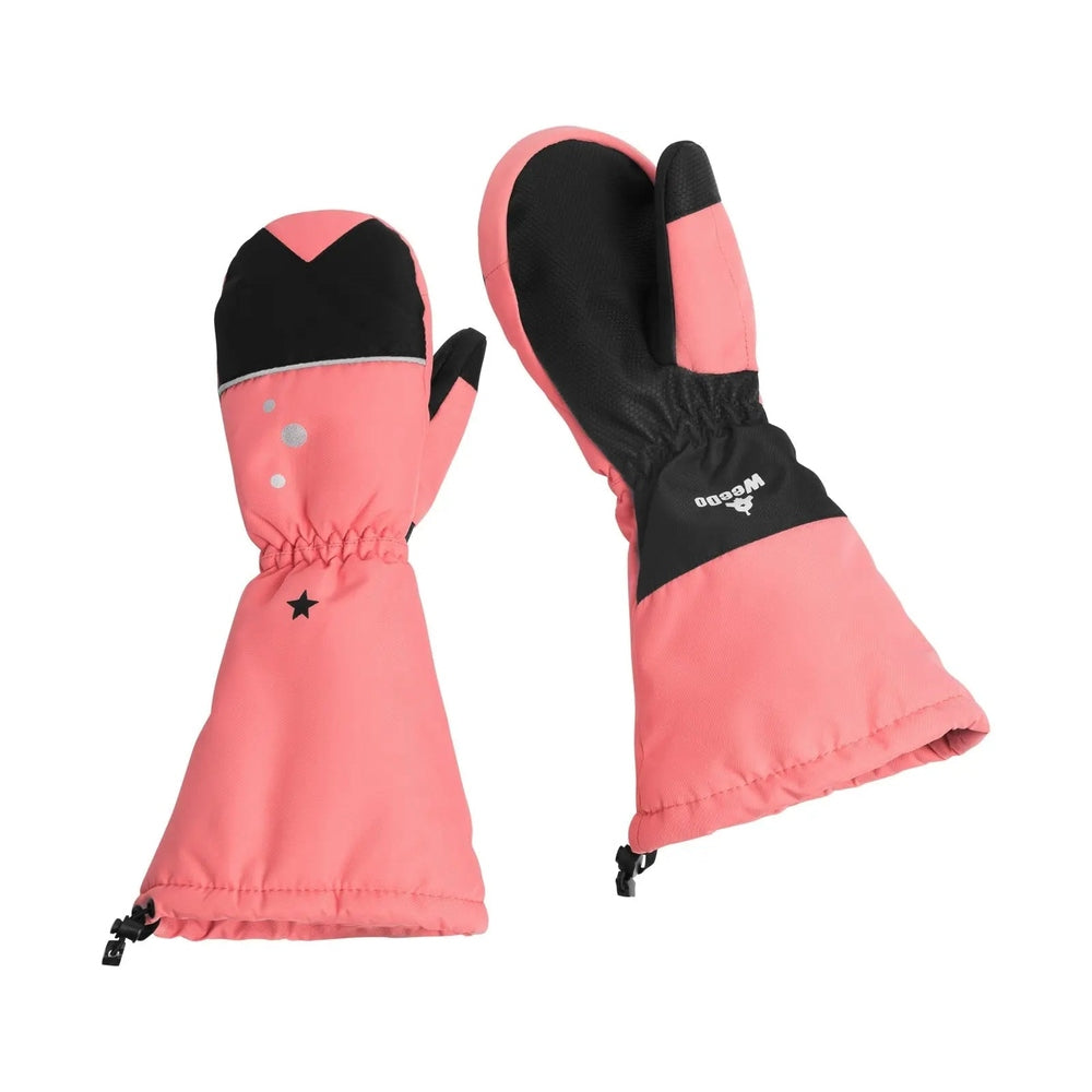 Weedo Silver Unido Mittens, pink with black palms, elastic cinched cuffs shown on the pair.