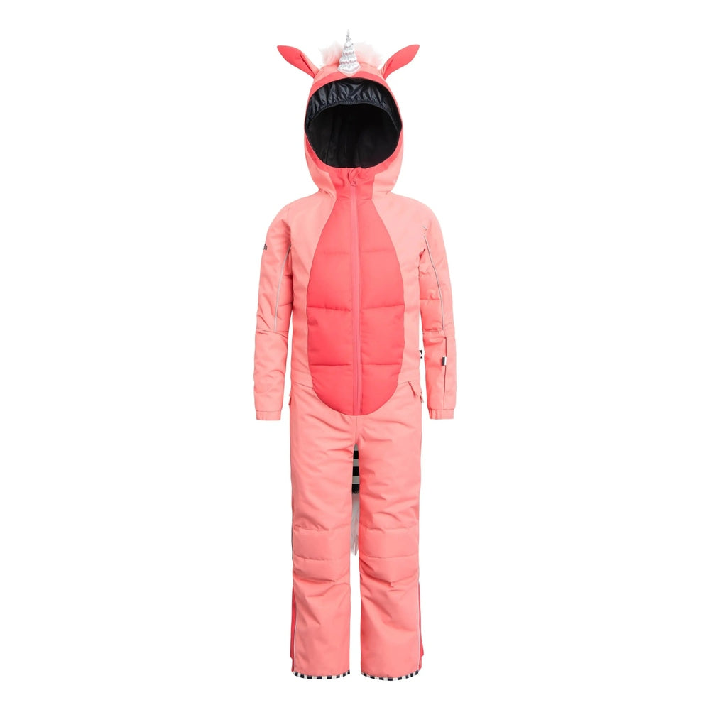 Weedo Silver Unido Unicorn Snowsuit, pink padded one-piece with hood and unicorn horn, zippered front for warmth