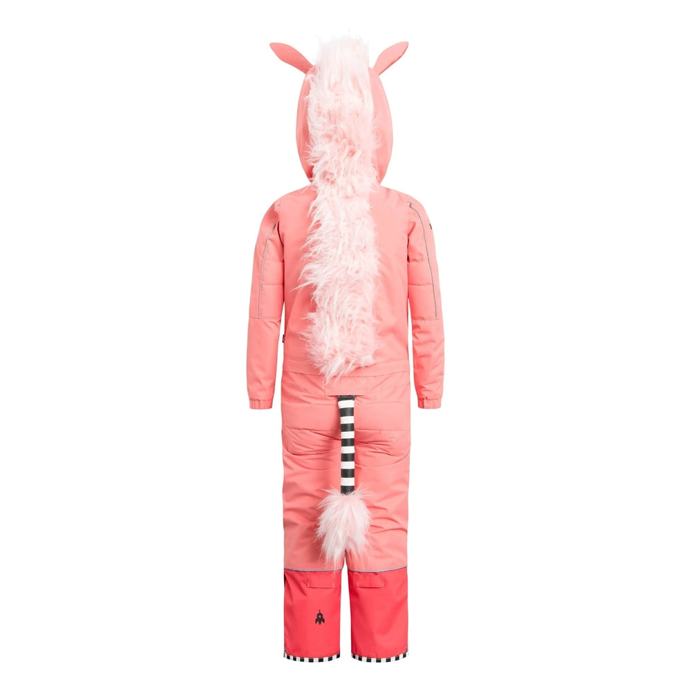 Weedo Silver Unido Unicorn Snowsuit back view; pink one-piece with fluffy fur hood, ears, and striped tail.