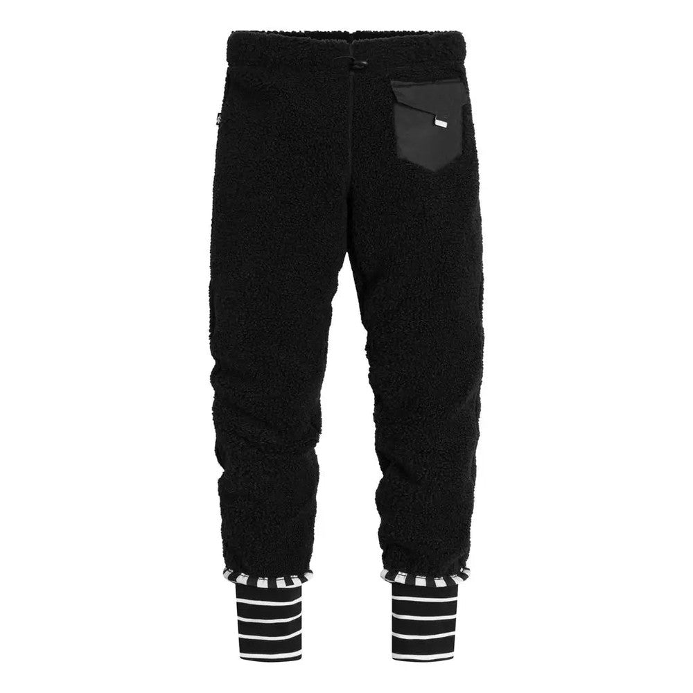 Weedo Teddy Fleece Pants in black fleece with a contrast pocket and striped cuffed ankles on a standing toddler.