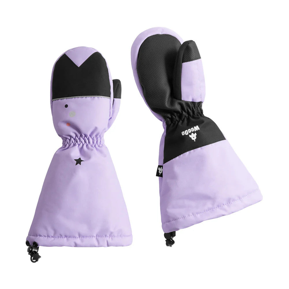 Weedo Unido Purple Gloves for kids; lavender with black palm, elastic cuffs cinch around wrists.