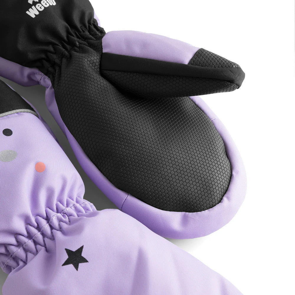 Weedo Unido Purple Gloves for kids; hex-textured black palm padding grips securely, purple with star accents