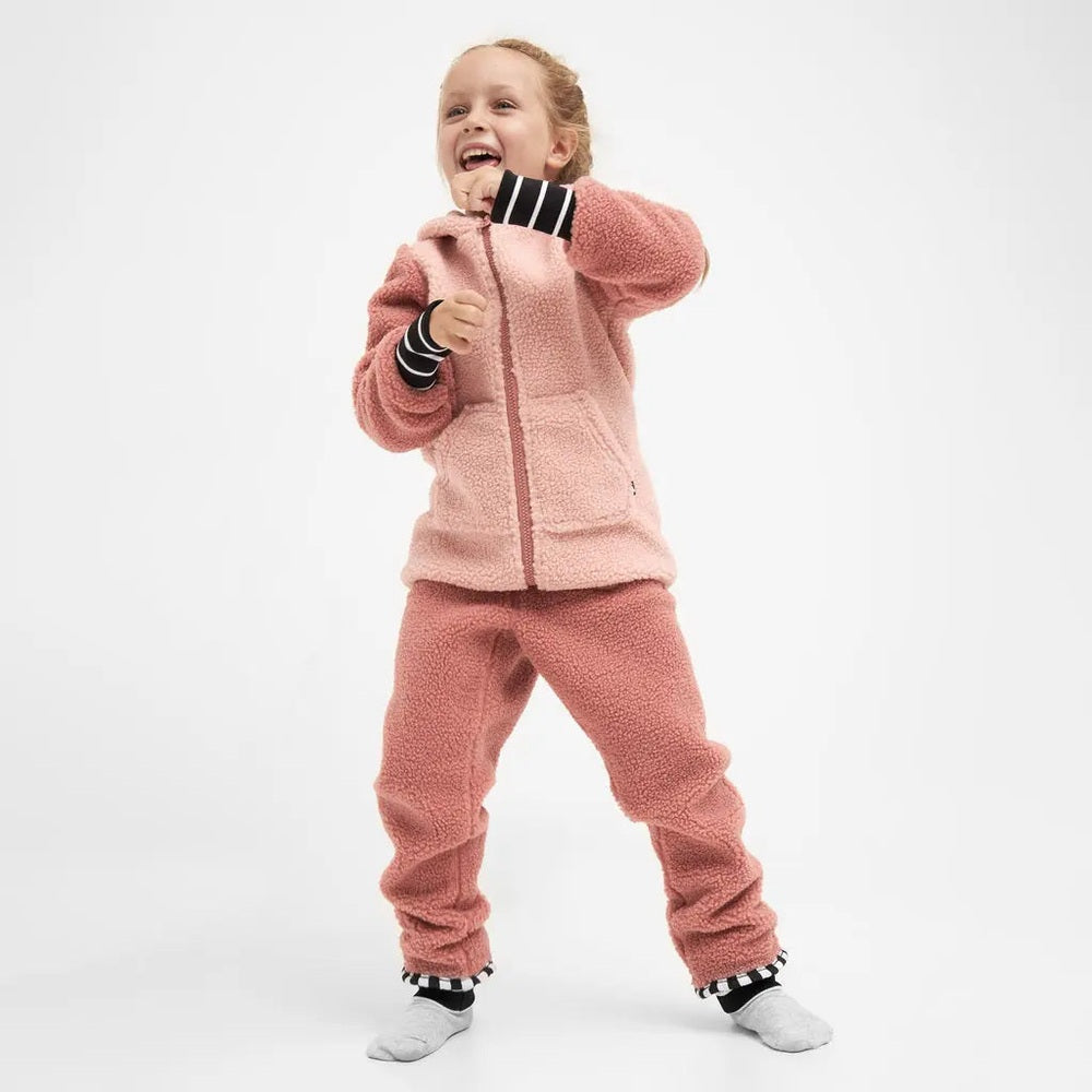 Weedo Unido Unicorn Fleece Jacket set for kids, pink plush coat with front zipper and pockets, child joyfully poses.