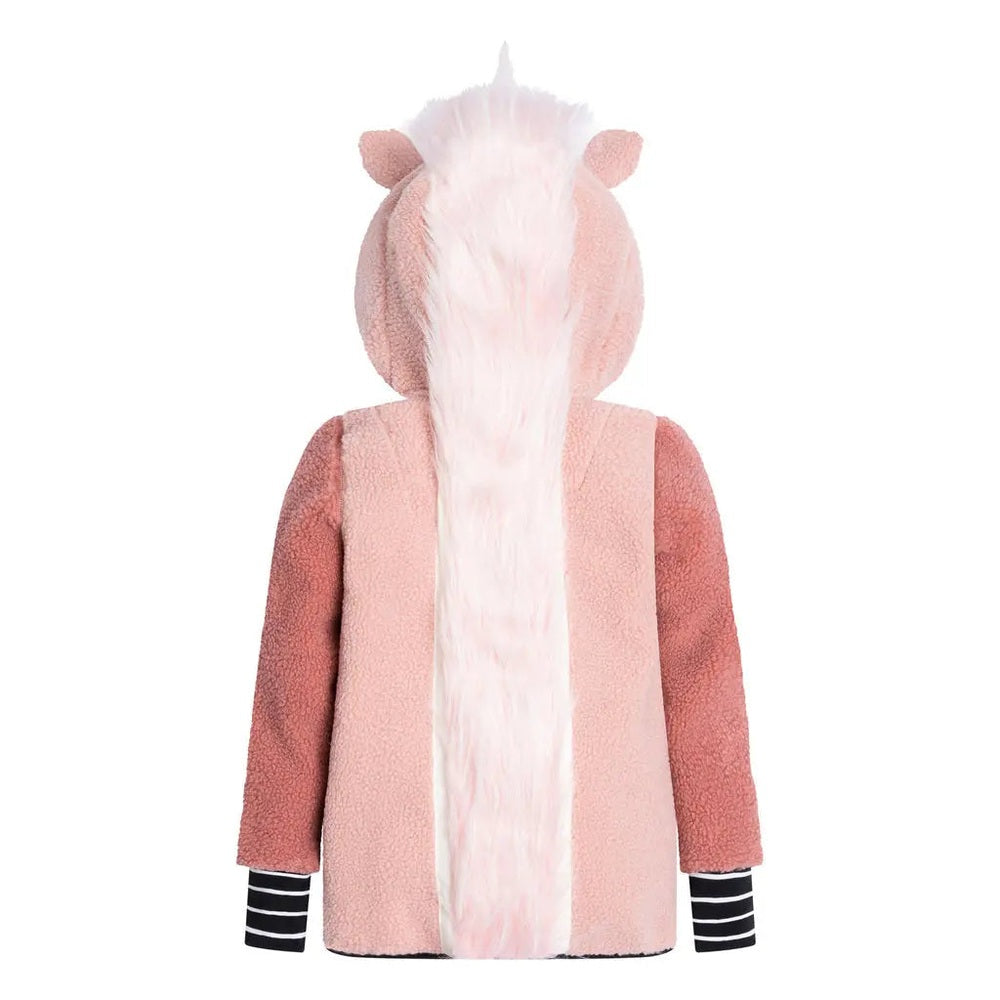 Weedo Unido Unicorn Fleece Jacket in pink with white faux fur, hooded back view shows mane and striped cuffs.