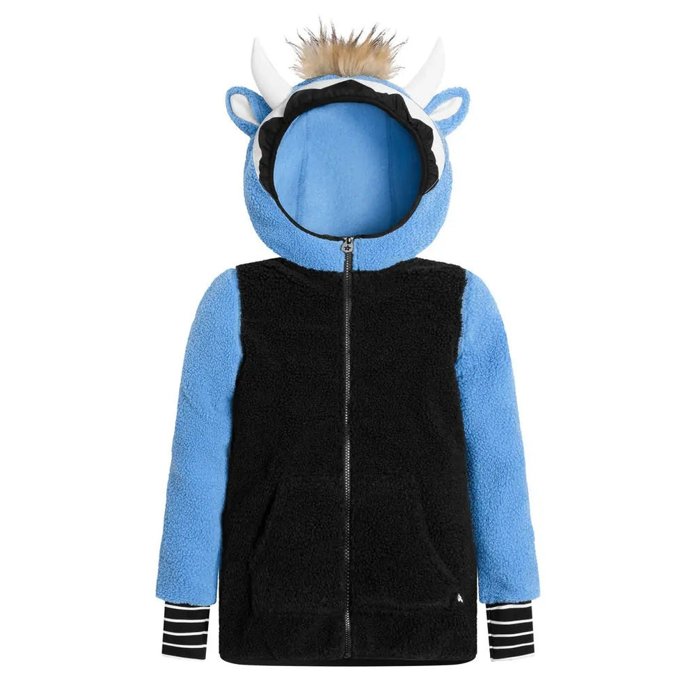 Weedo Wild Thing Fleece Jacket, blue sleeves black body with a zip front and hood featuring horns.