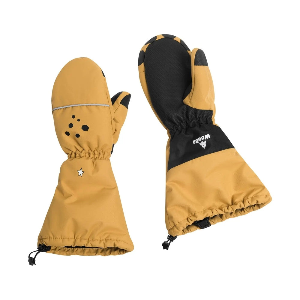 Weedo Wild Thing Mittens in mustard yellow with black palm grip, shown with elastic cuffs and adjustable cinches.
