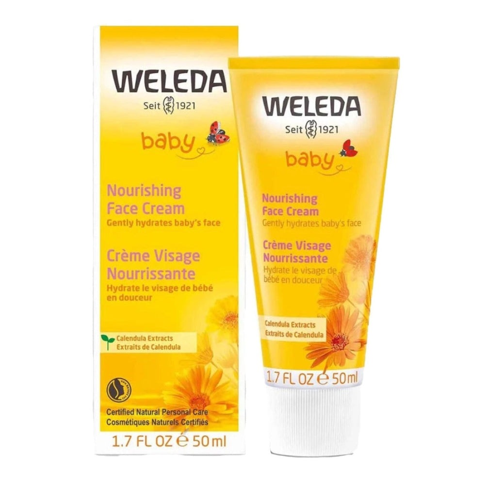 Weleda Nourishing Face Cream 1.7 oz tube beside yellow box, calendula extracts for baby skincare.