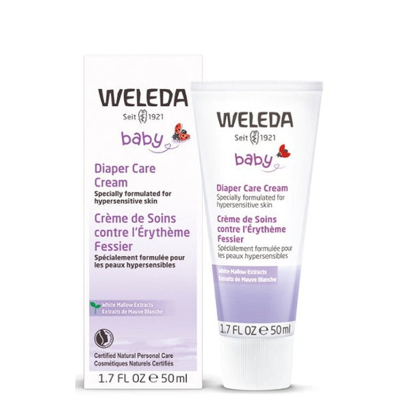 Weleda Sensitive Care Diaper Cream tube beside box, white-to-purple gradient, 1.7 oz (50 ml) for hypersensitive skin.