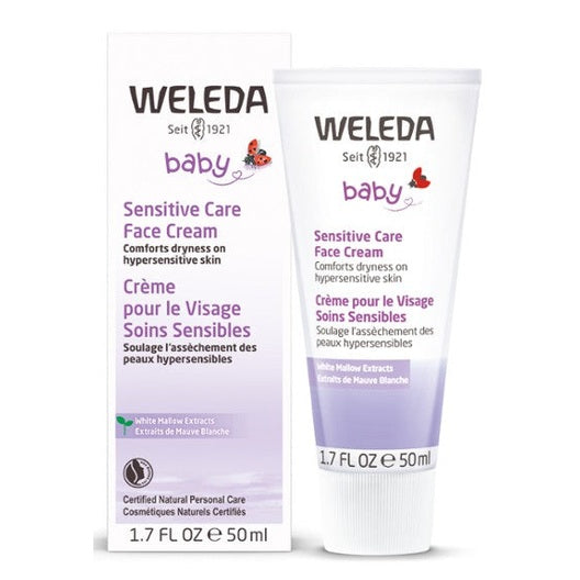 Weleda Sensitive Care Face Cream Baby, 1.7 oz (50 ml) shown in box beside tube with lavender packaging