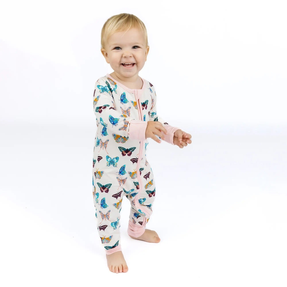 EMERSON AND FRIENDS Emerson And Friends Wings of Paradise Butterflies Bamboo Convertible Footie Romper Beige And Multi Pink contrast img 1/6