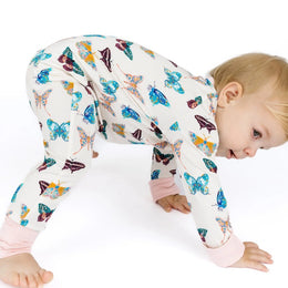 Emerson And Friends Wings of Paradise Butterflies Bamboo Convertible Footie Romper Beige And Multi