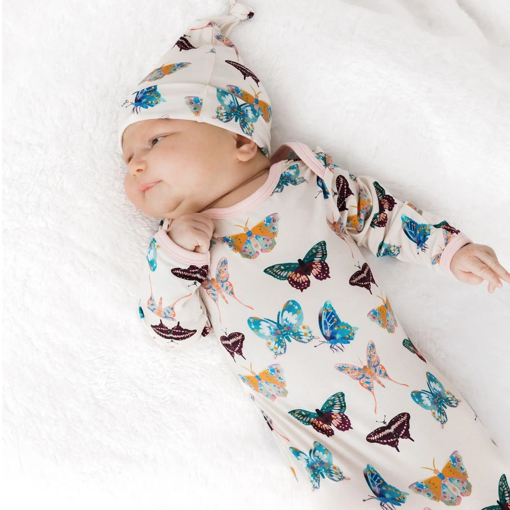 EMERSON AND FRIENDS Emerson And Friends Wings of Paradise Butterflies Bamboo Gown and Hat Newborn Baby Gift Set Beige And Multi Pink img 1/4