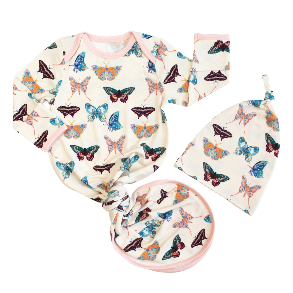 EMERSON AND FRIENDS Emerson And Friends Wings of Paradise Butterflies Bamboo Gown and Hat Newborn Baby Gift Set Beige And Multi  img 2/4