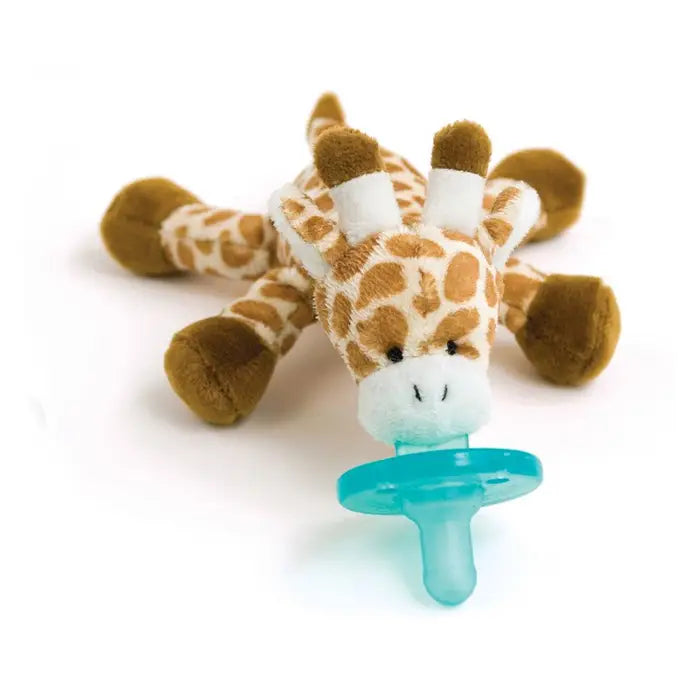 Wubbanub baby pacifier with plush giraffe toy and turquoise shield