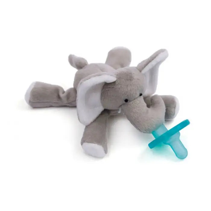 Wubbanub baby pacifier with gray plush elephant and teal pacifier attachment