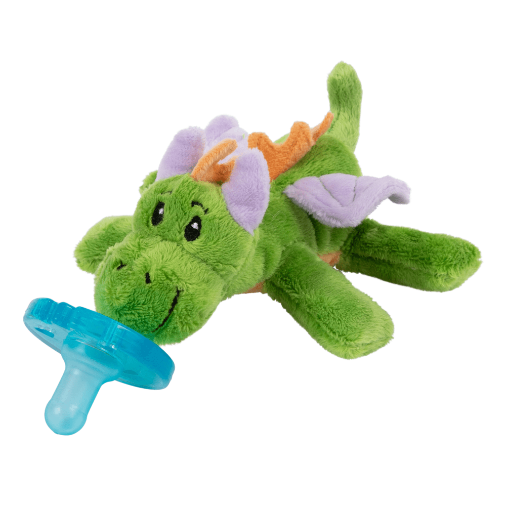 WubbaNub Infant Plush Toy Pacifier Fairytale Dragon plush dragon with purple wings and blue pacifier.