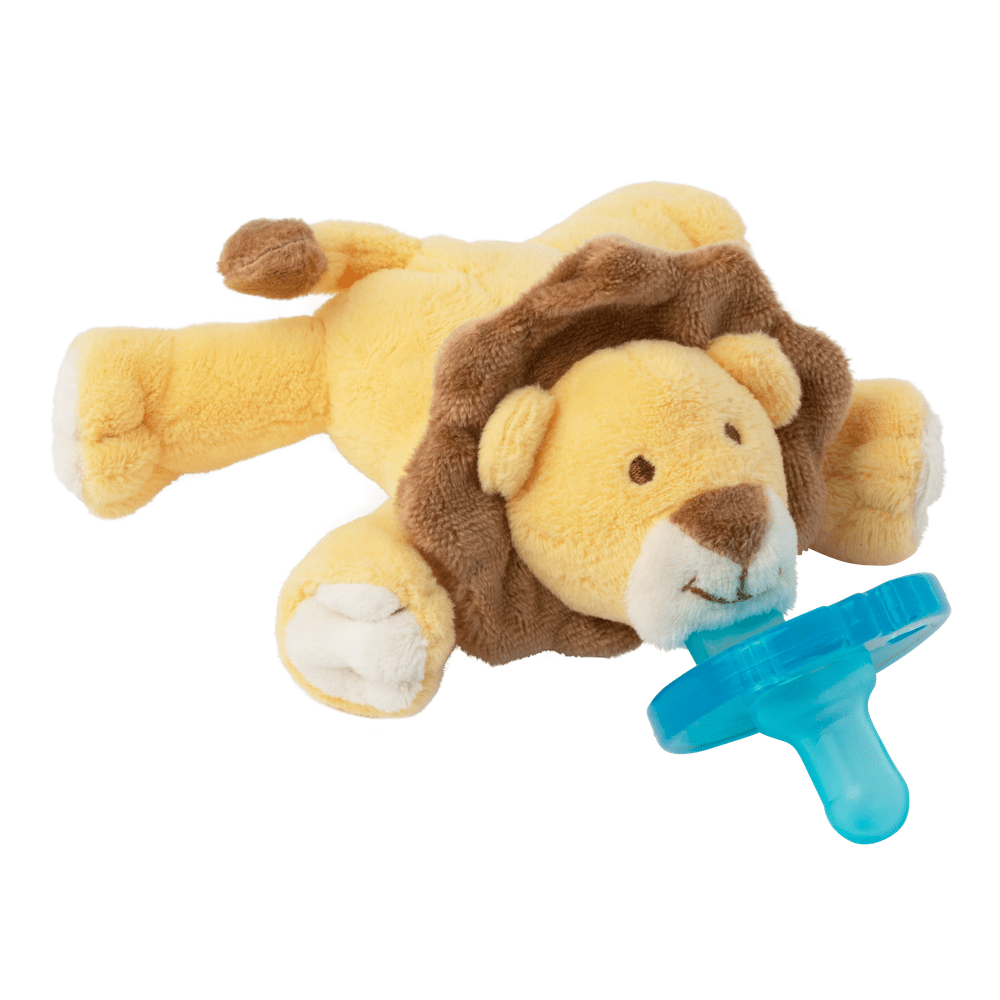 Aurora WubbaNub Infant Plush Toy Pacifier Lion in yellow with brown mane, attached blue pacifier.
