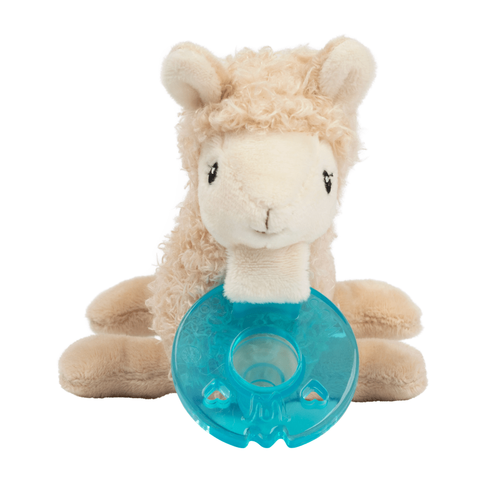 Aurora WubbaNub Infant Plush Toy Pacifier Llama, beige llama with a turquoise pacifier disk attached.